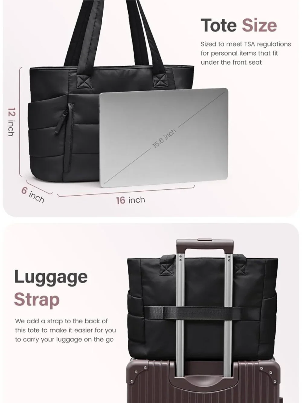 👜Women's Black Quilted Puffer Tote Bag Zipper Work Bag With Compartments